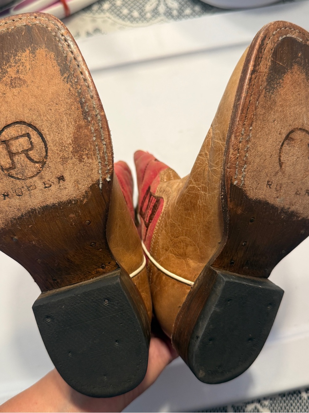 Roper Youth Rodeo Barrel Racer Tan and Pink Leather Cowboy Boots Girls Size 6 - Picture 8 of 12